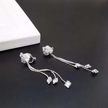 YOQUCOL Women Cubic Zirconia Crystal Long Drop Dangle Clip On Earrings For Not Pierced Women