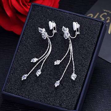 YOQUCOL Women Cubic Zirconia Crystal Long Drop Dangle Clip On Earrings For Not Pierced Women