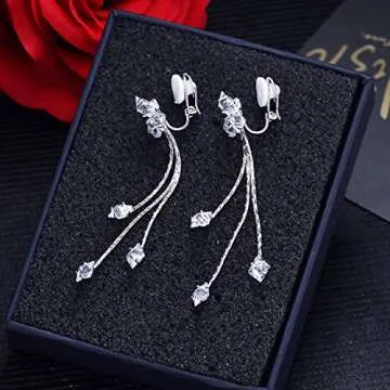 YOQUCOL Women Cubic Zirconia Crystal Long Drop Dangle Clip On Earrings For Not Pierced Women