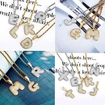 HECHUANG Bubble Letter Necklace Gold Silver Initial Necklaces 14K Gold Plated Personalized Custom Name Diamond Letter Chain Necklace for Men(Gold R)