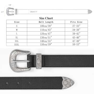WHIPPY Western Belts for Women - Vintage Western Design Ladies Cowgirl Waist Belt for Pants Jeans Dresses Black M
