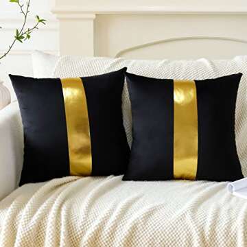 Artscope Black Velvet Throw Pillow Covers with Gold Leather Stitching Luxury Modern Minimalist Square Pillowcase Cushion Covers for Bed Couch Sofa 18x18Inch Set of 2