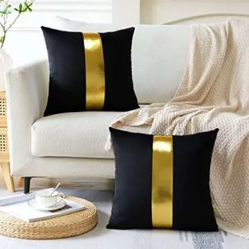 Artscope Black Velvet Throw Pillow Covers with Gold Leather Stitching Luxury Modern Minimalist Square Pillowcase Cushion Covers for Bed Couch Sofa 18x18Inch Set of 2