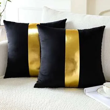 Artscope Black Velvet Throw Pillow Covers with Gold Leather Stitching Luxury Modern Minimalist Square Pillowcase Cushion Covers for Bed Couch Sofa 18x18Inch Set of 2