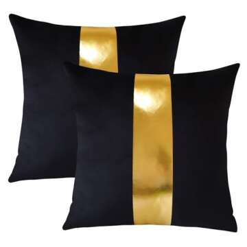 Artscope Black Velvet Throw Pillow Covers with Gold Leather Stitching Luxury Modern Minimalist Square Pillowcase Cushion Covers for Bed Couch Sofa 18x18Inch Set of 2