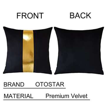 Artscope Black Velvet Throw Pillow Covers with Gold Leather Stitching Luxury Modern Minimalist Square Pillowcase Cushion Covers for Bed Couch Sofa 18x18Inch Set of 2