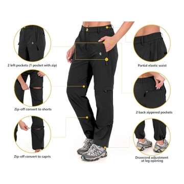 Little Donkey Andy Women's Stretch Convertible Pants, Zip Off Quick Dry Hiking Pants Black Size XS