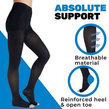 ABSOLUTE SUPPORT Opaque Compression Tights for Women 20-30mmHg - Graduated Support Compression Stockings with Open Toe for Lymphedema, Diabetic, Swelling, Arthritis - Black, X-Large - A214BL4
