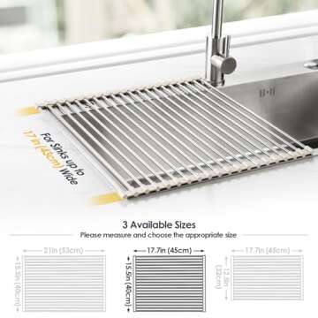 Tomorotec 17.7" x 15.5" Roll Up Dish Drying Rack Over Sink Drying Rack Sink Cover Kitchen Sink Accessories Gadget Multipurpose Organizer Foldable Stainless Steel Drainer