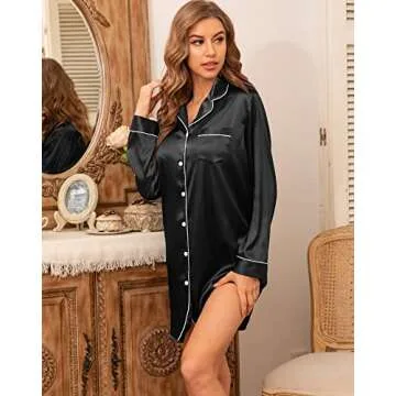 Luxurious SWOMOG Long Sleeve Satin Sleep Shirt for Women