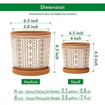 D'vine Dev Set of 2 Terracotta Pots, 4 Inch & 6 Inch, Planter Pots for Plants with Drainage Holes and Saucers, Terracotta/White, Small, 31-958-A-1