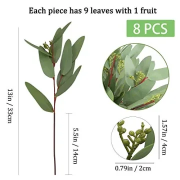 GREENTIME 8 Pack Faux Eucalyptus Stems with Seeds 13 Inches Artificial Seeded Leaves Branches Greenery Stems for Bridal Wedding Bouquet Vase Table Centerpiece Decor