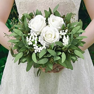 GREENTIME 8 Pack Faux Eucalyptus Stems with Seeds 13 Inches Artificial Seeded Leaves Branches Greenery Stems for Bridal Wedding Bouquet Vase Table Centerpiece Decor