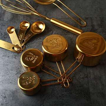 Homestia 10PCS Gold Measuring Spoons and Cups Set, Stainless Steel, Kitchen essentials for Cooking and Baking, Measurements for Dry & Liquid Ingredients