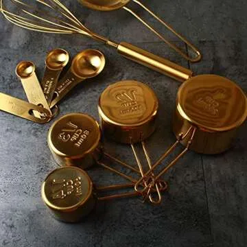 Homestia 10PCS Gold Measuring Spoons and Cups Set, Stainless Steel, Kitchen essentials for Cooking and Baking, Measurements for Dry & Liquid Ingredients