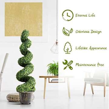 GOPLUS 4 Ft Artificial Boxwood Spiral Topiary Tree, Fake Greenery Plants, Leaves & Cement-Filled Plastic Flower Pot Decorative Trees for Porch Home Office Indoor Outdoor