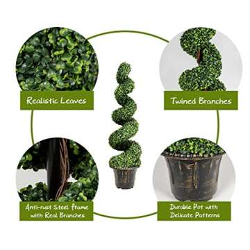 GOPLUS 4 Ft Artificial Boxwood Spiral Topiary Tree, Fake Greenery Plants, Leaves & Cement-Filled Plastic Flower Pot Decorative Trees for Porch Home Office Indoor Outdoor