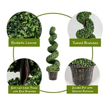 GOPLUS 4 Ft Artificial Boxwood Spiral Topiary Tree, Fake Greenery Plants, Leaves & Cement-Filled Plastic Flower Pot Decorative Trees for Porch Home Office Indoor Outdoor