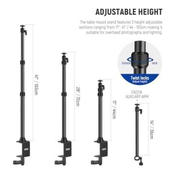NEEWER Extendable Camera Desk Mount with Ball Head, 17"-40" Adjustable Table Light Stand with 1/4" Screw & C Clamp for DSLR Camera, Ring Light, Live Stream, Vlog, Max Load: 6.6lb/3kg, TL283 (RED)