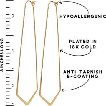 Humble Chic Geometric Chevron Threader Hoop Earrings - Hypoallergenic Lightweight Cutout Thin Wire Drop Dangles, 18K Yellow - 3 inch