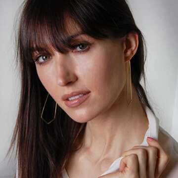 Humble Chic Geometric Chevron Threader Hoop Earrings - Hypoallergenic Lightweight Cutout Thin Wire Drop Dangles, 18K Yellow - 3 inch