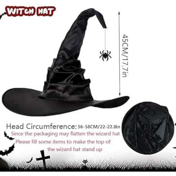 WXOIEOD Witch Hat for Woman, Halloween Wicked Witch Hats Black Large Wide Brim Pleated Fancy Witches...