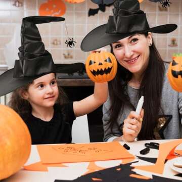 WXOIEOD Witch Hat for Woman, Halloween Wicked Witch Hats Black Large Wide Brim Pleated Fancy Witches Hat for Adult Costume Party Accessory with Spider Decorations