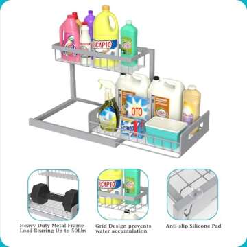 REALINN Under Sink Organizer, Pull Out Cabinet Organizer 2 Tier Slide Out Sink Shelf Cabinet Storage Shelves, Storage for Kitchen Bathroom, Grey, 2 Pack