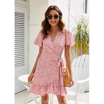 Naggoo Women's Summer Wrap V Neck Polka Dot Print Ruffle Short Sleeve Mini Floral Dress with Belt (L, Pink)