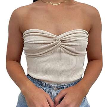 Womens Strapless Sexy Knit Tube Crop Top with Twist Knot Front Summer Cute Going Out Tops Airport M