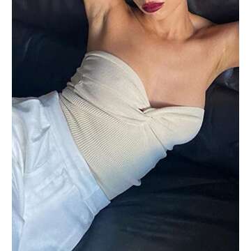 Womens Strapless Sexy Knit Tube Crop Top with Twist Knot Front Summer Cute Going Out Tops Airport M