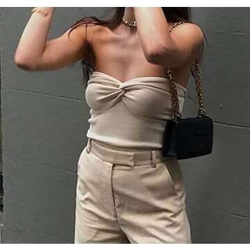 Womens Strapless Sexy Knit Tube Crop Top with Twist Knot Front Summer Cute Going Out Tops Airport M