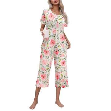 Ekouaer Women's Pajamas Set Short Sleeve Top With Capri Pants Pjs Lounge & Sleepwear SetWhite/Pink FloralX-Large