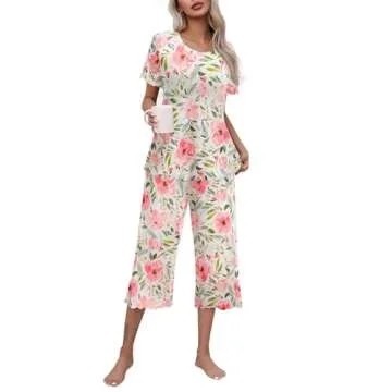 Ekouaer Women's Pajamas Set Short Sleeve Top With Capri Pants Pjs Lounge & Sleepwear SetWhite/Pink FloralX-Large