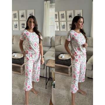 Ekouaer Women's Pajamas Set Short Sleeve Top With Capri Pants Pjs Lounge & Sleepwear SetWhite/Pink FloralX-Large