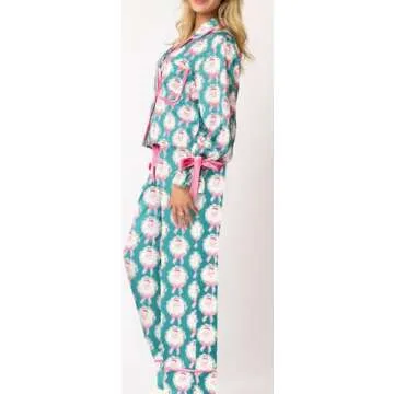 Argeousgor Christmas Pajamas for Women Bow Tie Long Sleeve Shirt Pants Satin Silk Funny Graphic 2 Piece Pjs Set Sleepwear Dark Blue