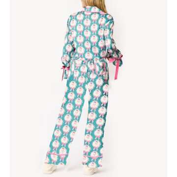 Argeousgor Christmas Pajamas for Women Bow Tie Long Sleeve Shirt Pants Satin Silk Funny Graphic 2 Piece Pjs Set Sleepwear Dark Blue