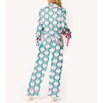 Argeousgor Christmas Pajamas for Women Bow Tie Long Sleeve Shirt Pants Satin Silk Funny Graphic 2 Piece Pjs Set Sleepwear Dark Blue