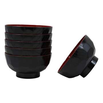 Ebros Gift Made In Japan Traditional Small Black Red Lacquer Copolymer Plastic Bowl For Rice Salad Miso Soup 4.5" Dia 6oz Japanese Restaurant Supply Bowls Home Kitchen (Dotted Ridged Pattern, 6)