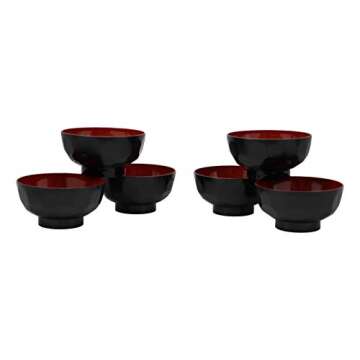 Ebros Gift Made In Japan Traditional Small Black Red Lacquer Copolymer Plastic Bowl For Rice Salad Miso Soup 4.5" Dia 6oz Japanese Restaurant Supply Bowls Home Kitchen (Dotted Ridged Pattern, 6)