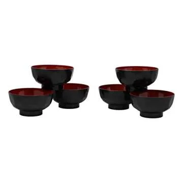 Ebros Gift Made In Japan Traditional Small Black Red Lacquer Copolymer Plastic Bowl For Rice Salad Miso Soup 4.5" Dia 6oz Japanese Restaurant Supply Bowls Home Kitchen (Dotted Ridged Pattern, 6)