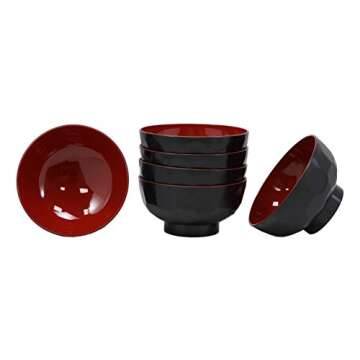 Ebros Gift Made In Japan Traditional Small Black Red Lacquer Copolymer Plastic Bowl For Rice Salad Miso Soup 4.5" Dia 6oz Japanese Restaurant Supply Bowls Home Kitchen (Dotted Ridged Pattern, 6)
