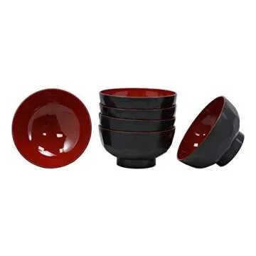 Ebros Gift Made In Japan Traditional Small Black Red Lacquer Copolymer Plastic Bowl For Rice Salad Miso Soup 4.5" Dia 6oz Japanese Restaurant Supply Bowls Home Kitchen (Dotted Ridged Pattern, 6)
