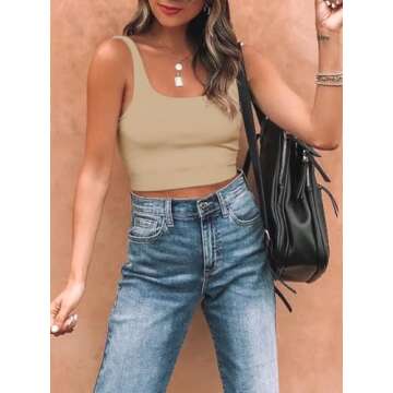 REORIA Women's Summer Sexy Basic Sleeveless Square Neck Fitted Seamless Yoga Cropped Tank Cute Crop Tops Nude Medium