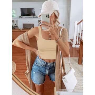 REORIA Women's Summer Sexy Basic Sleeveless Square Neck Fitted Seamless Yoga Cropped Tank Cute Crop Tops Nude Medium