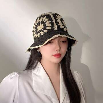 Womens Straw Sun Hat Woven Bucket Hat Floral Fishing Hat Beach Hat Foldable Cap Summer Chic Straw Chic Hat
