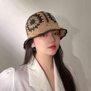 Womens Straw Sun Hat Woven Bucket Hat Floral Fishing Hat Beach Hat Foldable Cap Summer Chic Straw Chic Hat