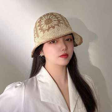 Womens Straw Sun Hat Woven Bucket Hat Floral Fishing Hat Beach Hat Foldable Cap Summer Chic Straw Chic Hat