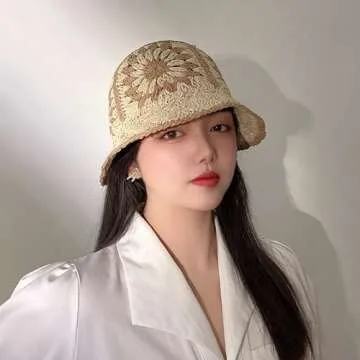 Womens Straw Sun Hat Woven Bucket Hat Floral Fishing Hat Beach Hat Foldable Cap Summer Chic Straw Chic Hat