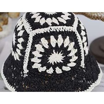 Womens Straw Sun Hat Woven Bucket Hat Floral Fishing Hat Beach Hat Foldable Cap Summer Chic Straw Chic Hat